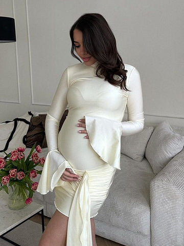 Solid Color Cascading Ruffle Irregular High Neck Draped Bodycon Falbala Elegant Flare Sleeve Bandage Party Baby Shower Maternity Mini Dress Maternity